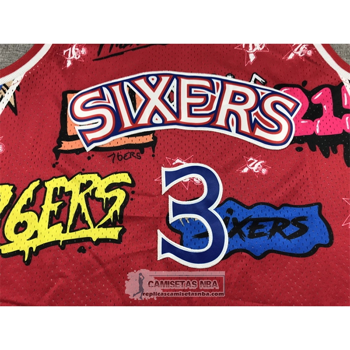 Camiseta Philadelphia 76ers Allen Iverson NO 3 Slap Sticker Mitchell & Ness 1996-97 Rojo